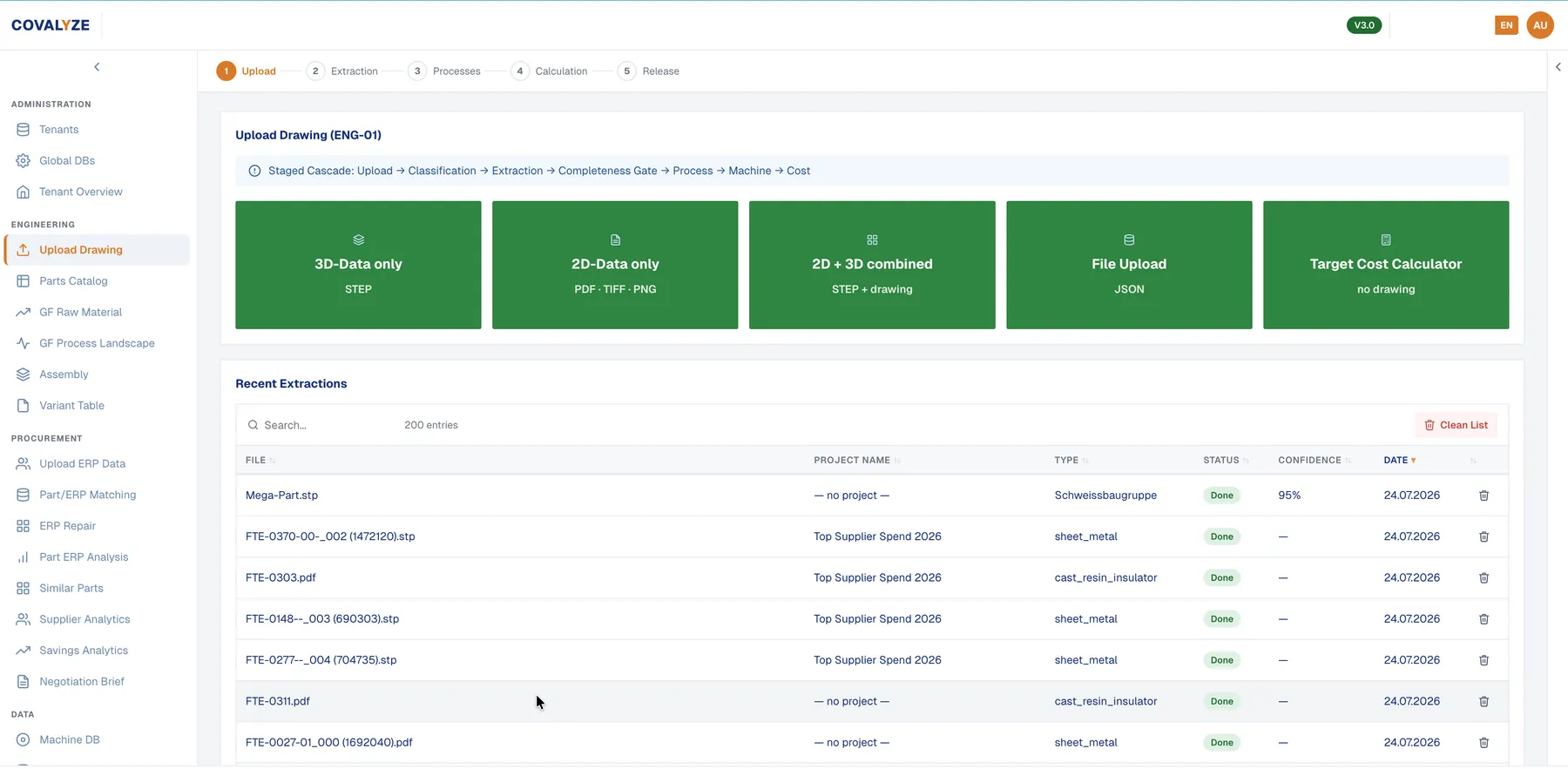 DARIN upload screen with five input paths and a list of recent extractions with confidence values