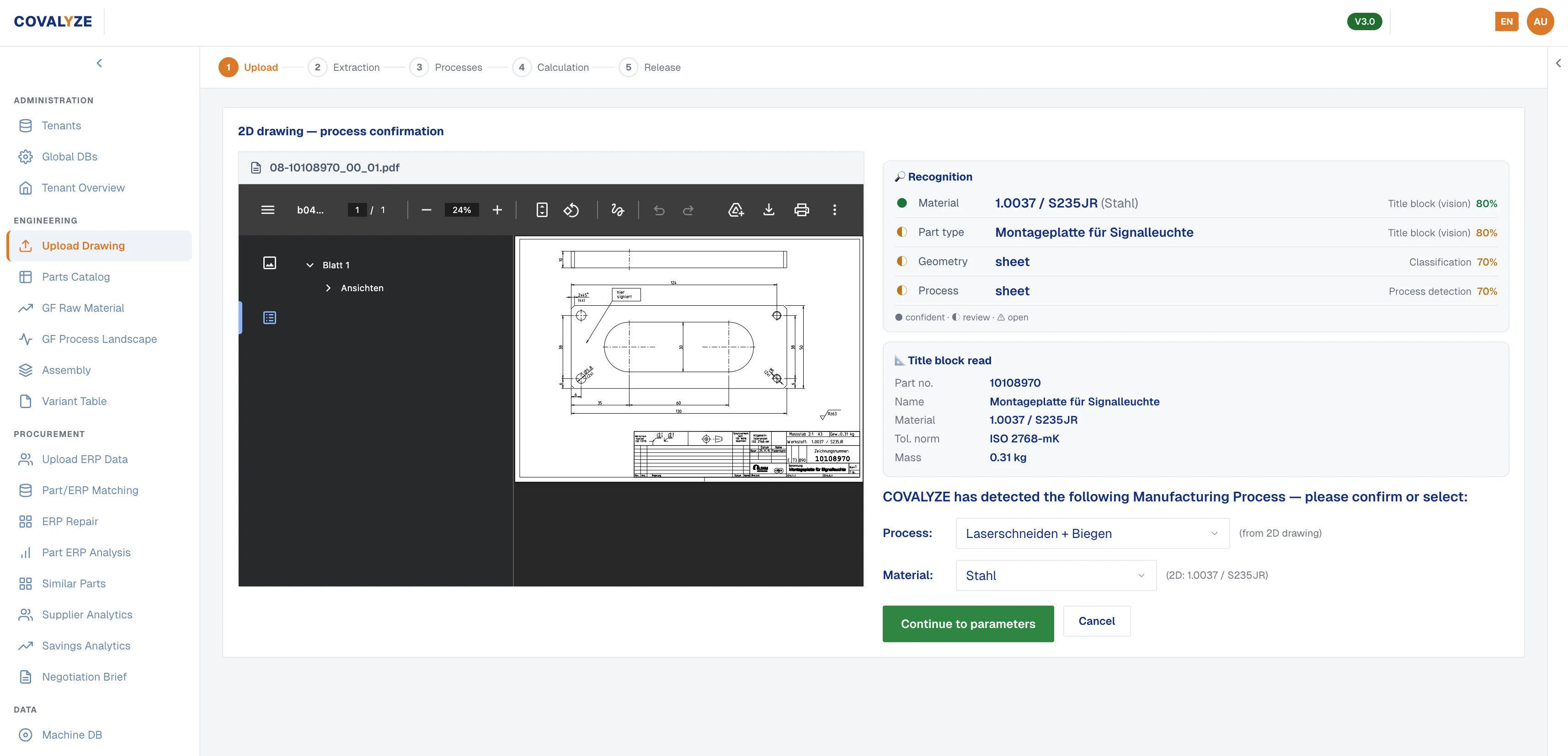 DARIN drawing recognition: the 2D drawing beside the recognised material, part type, geometry and process, each with its source and confidence score