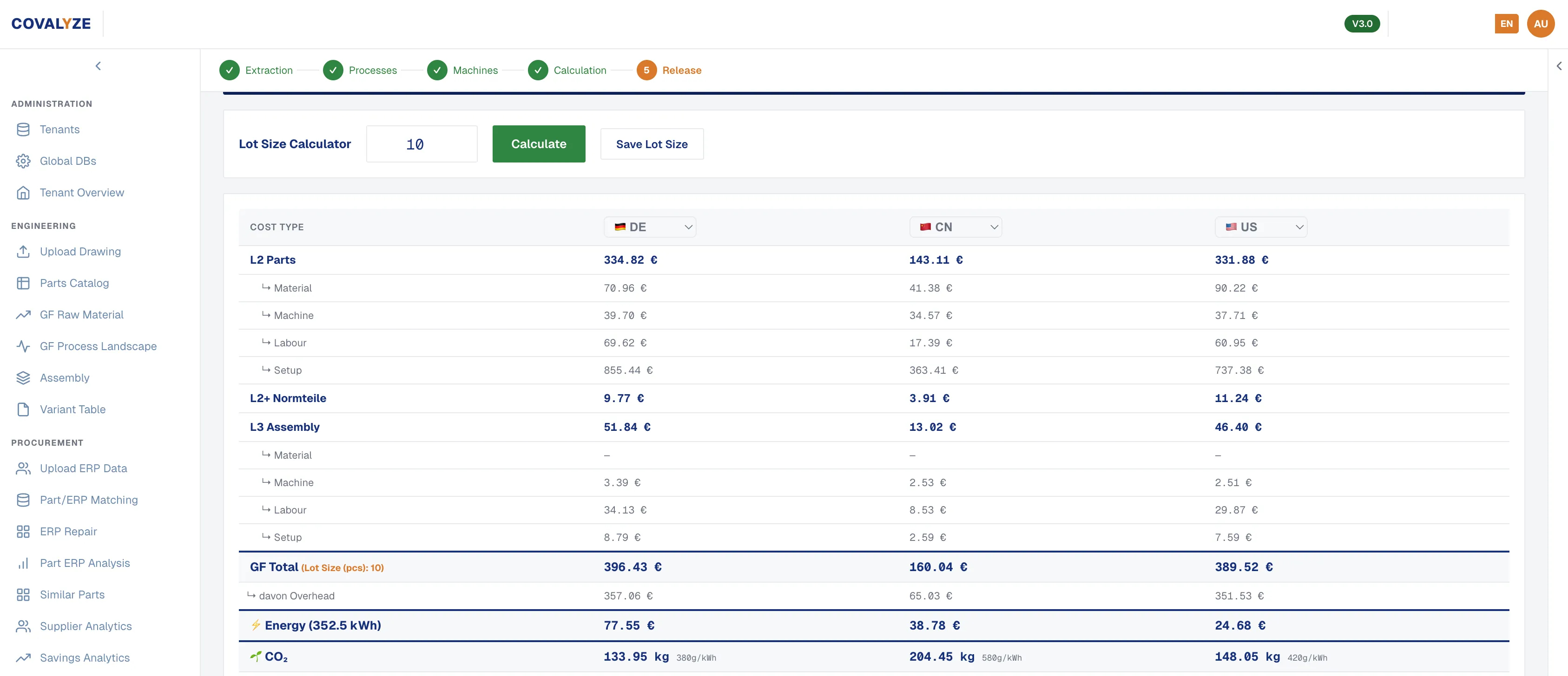 DARIN lot-size calculator recalculating the cost stack for a lot size of 10