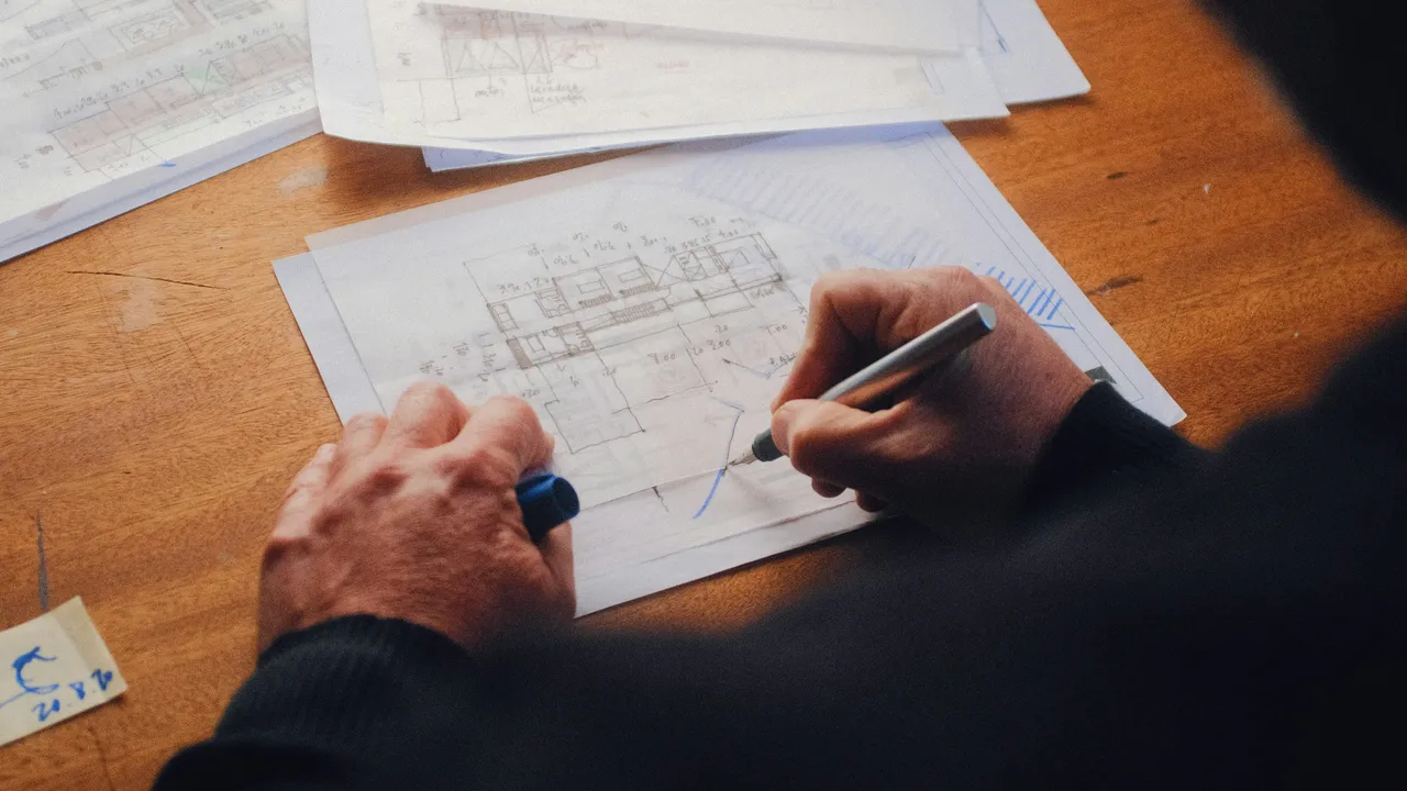 Engineer marking up printed technical drawings at a desk
