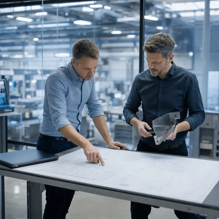 Two engineers reviewing a technical drawing and a sheet-metal part together