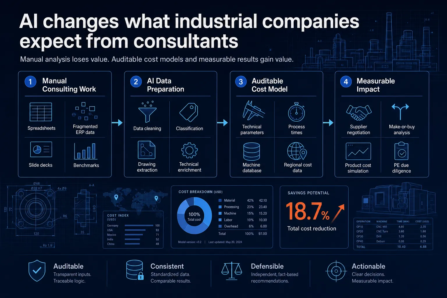 Four-stage shift from manual consulting work, to AI data preparation, to an auditable cost model, to measurable business impact
