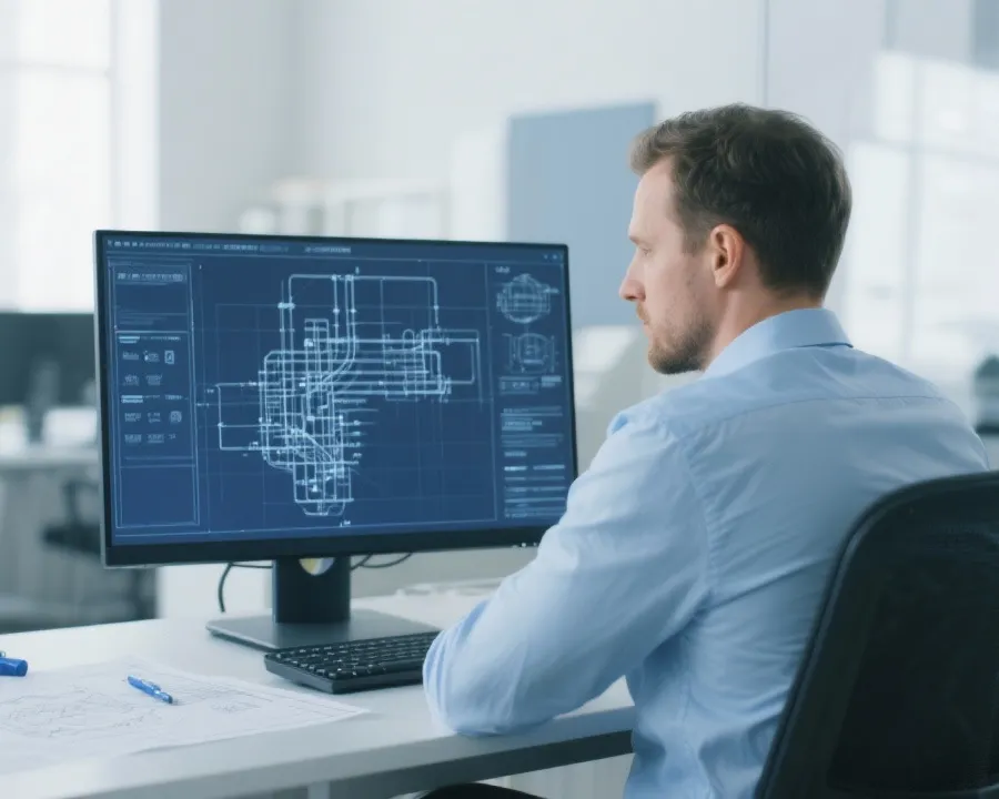 COVALYZE specialist reviewing a technical drawing with a cost engineer