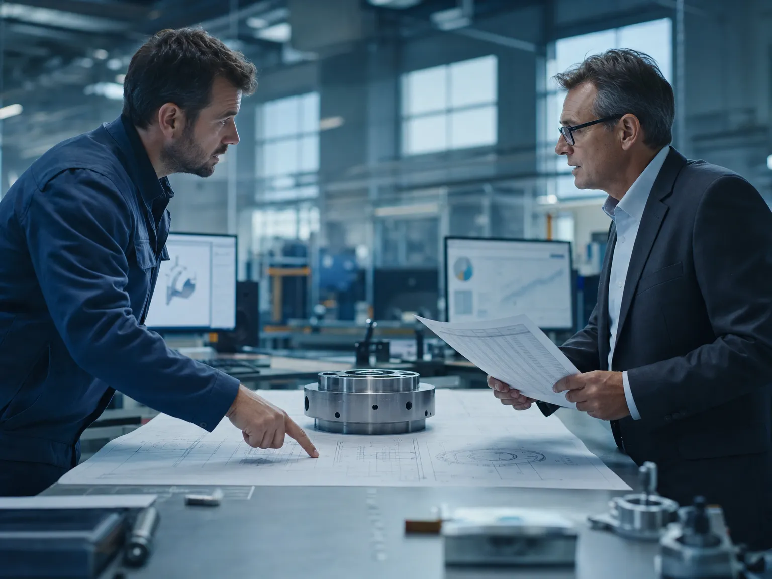 Engineer and buyer standing on opposite sides of a work table with a technical drawing and a machined steel part between them