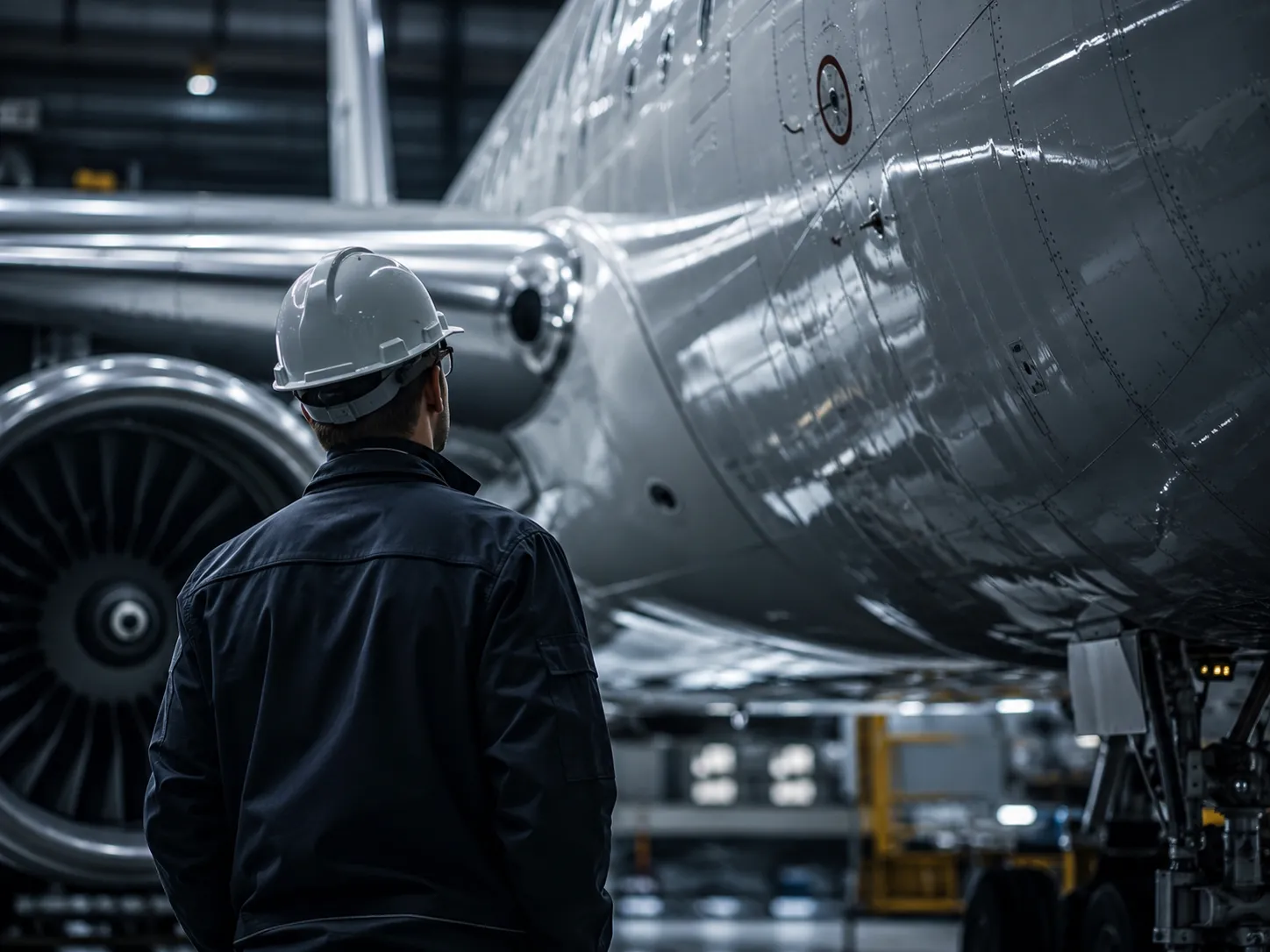 Aerospace engineer in a hangar inspecting low-volume composite components