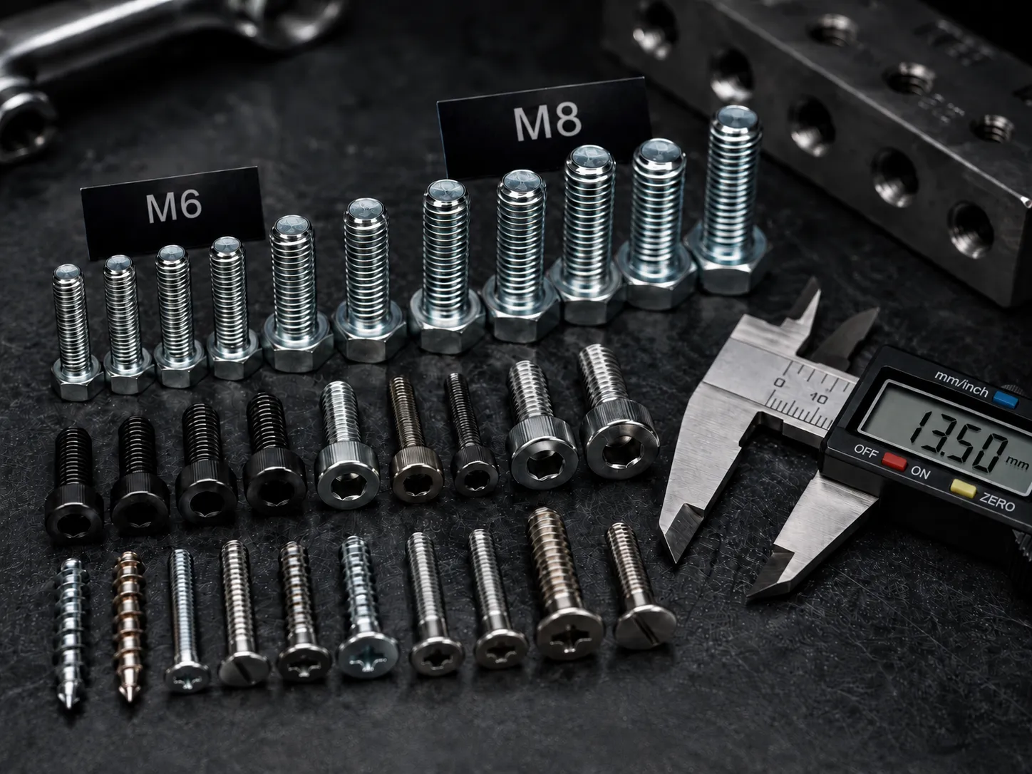 Close-up of machined metal parts and fasteners on an industrial surface