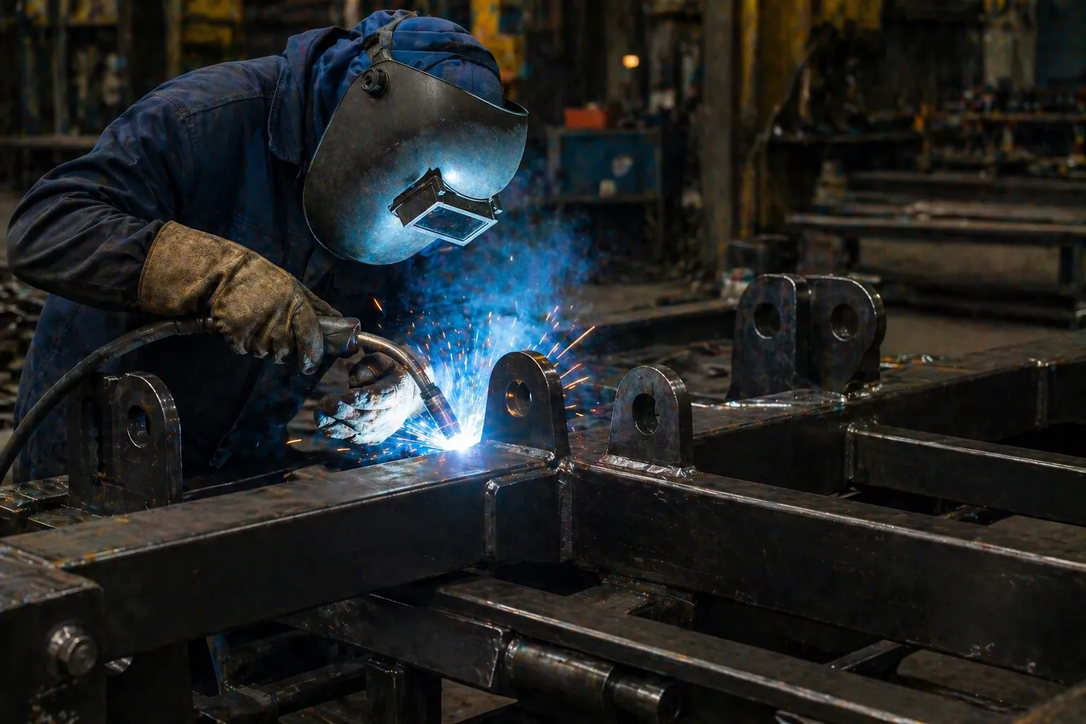 Welder working on heavy steel components for forklift carriage manufacturing