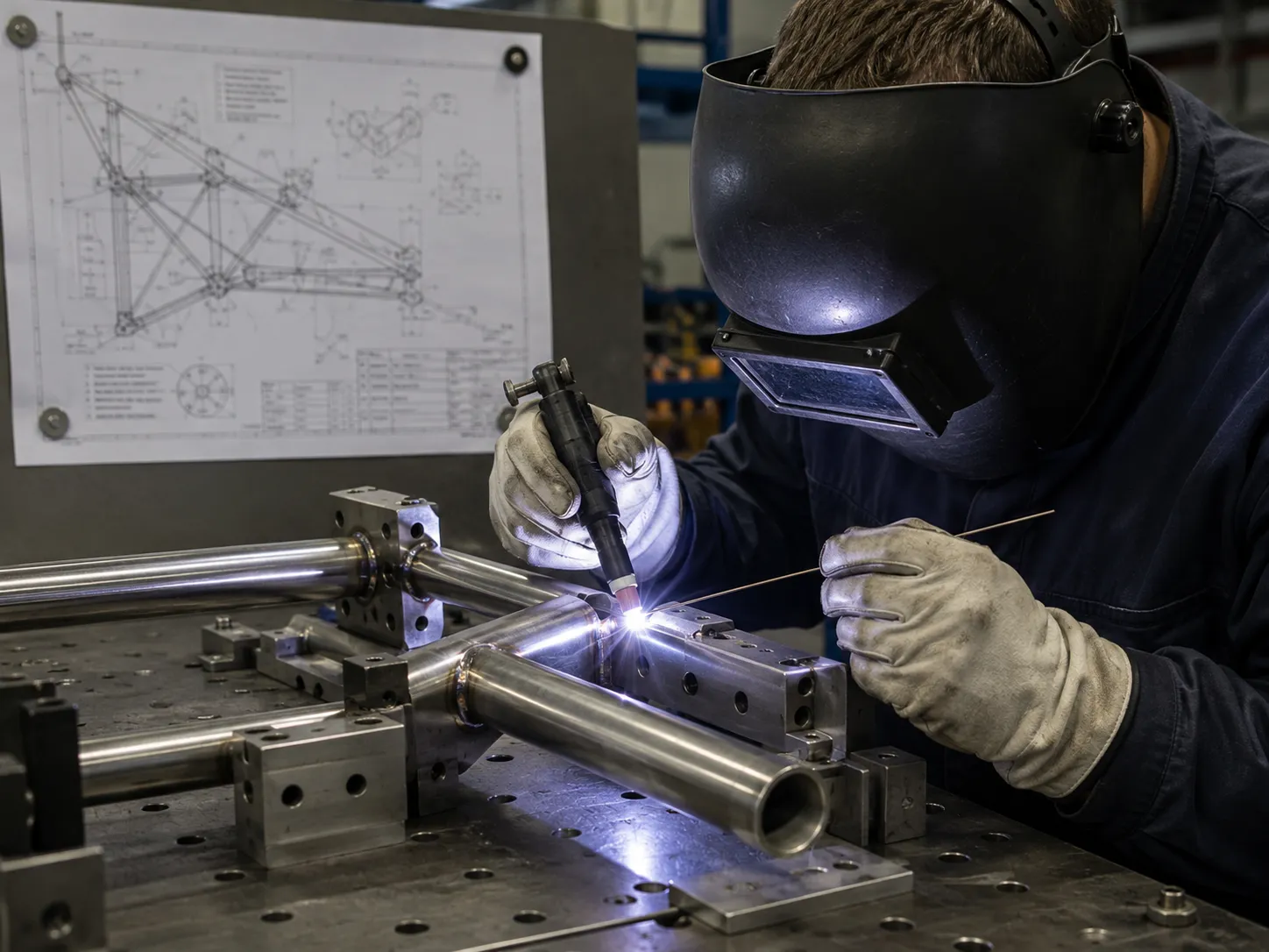 Welder fabricating an aerospace tubular assembly with a technical drawing visible