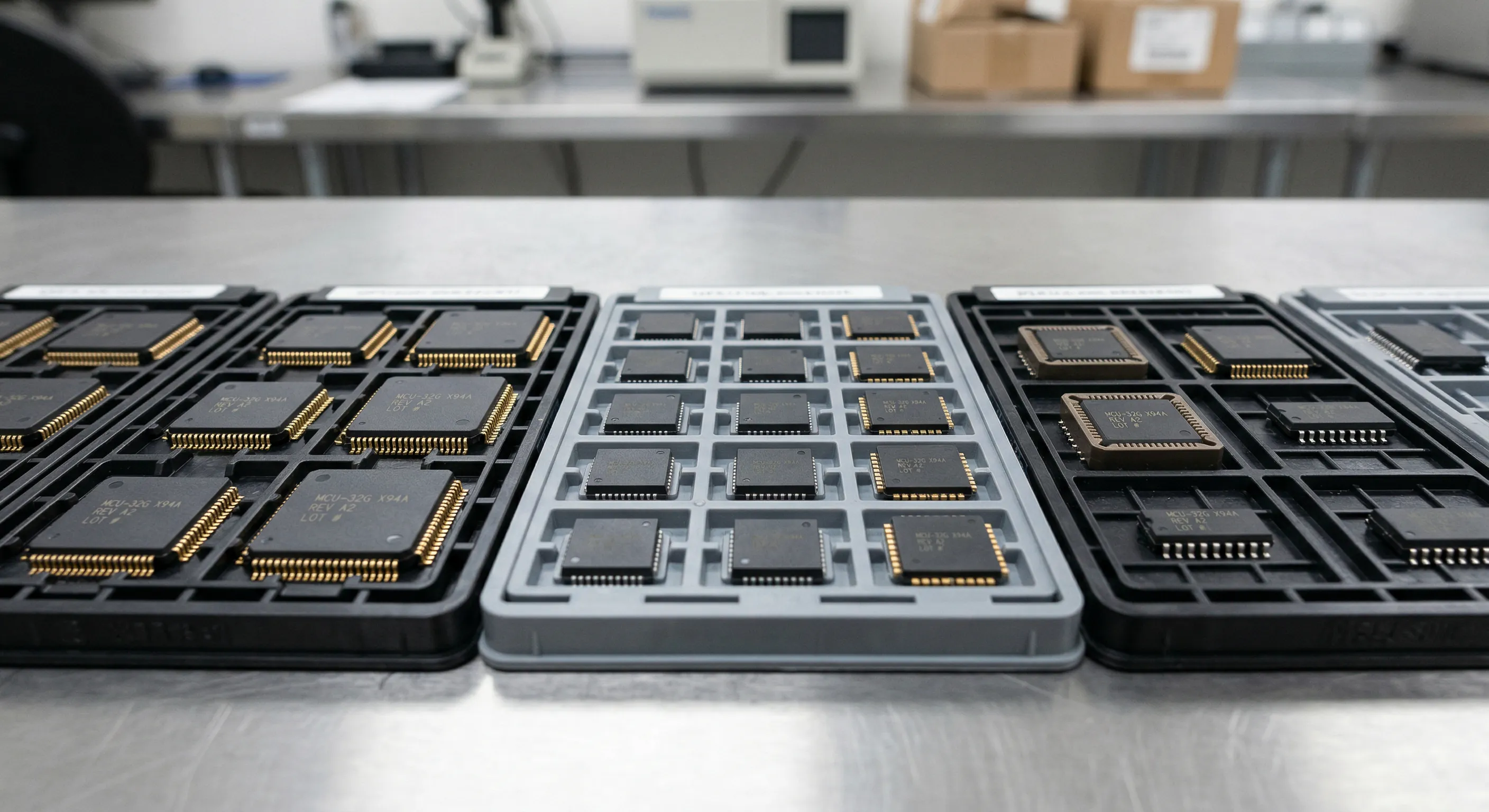 Trays of electronic components on a laboratory bench during incoming inspection