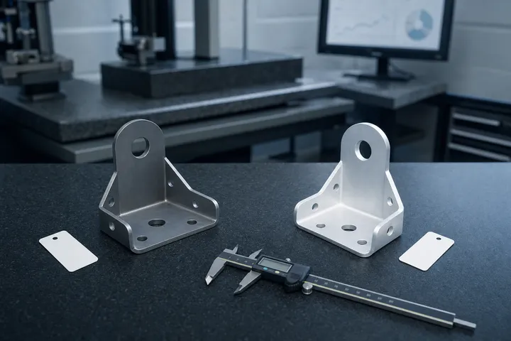 A steel and an aluminium version of the same sheet-metal bracket side by side on an inspection bench