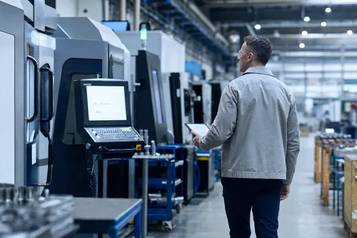 A visitor with a tablet walking a supplier’s machine shop