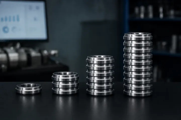 Stacks of identical turned parts in increasing batch sizes