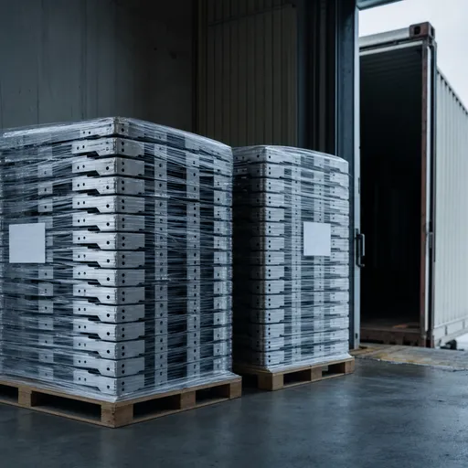 Identical pallets of parts staged for shipment next to a container