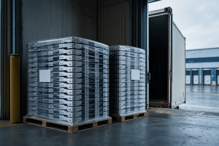 Two identical pallets of parts staged for shipment next to a container