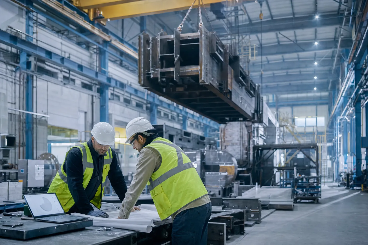 Plant engineering assembly hall with an overhead crane carrying a welded frame section and two engineers reviewing a drawing at a work table