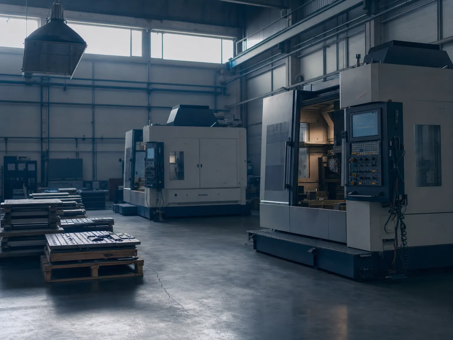 Half-idle production hall at a metal parts supplier with two CNC machines standing still