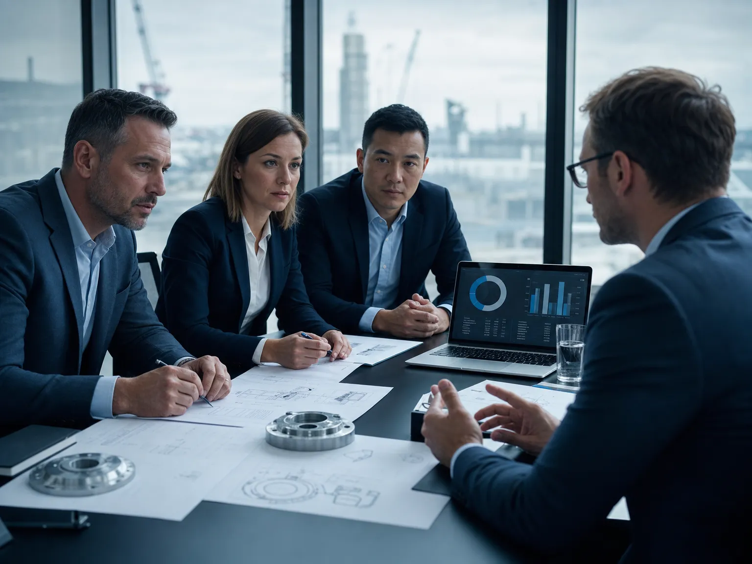 Procurement team in a supplier negotiation reviewing part-level cost drivers