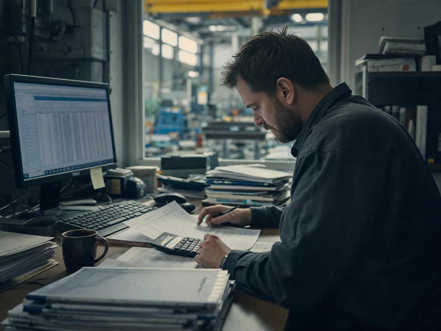 Cost estimator at a supplier's desk working through a printed parts list with a calculator, drawing folders stacked beside him