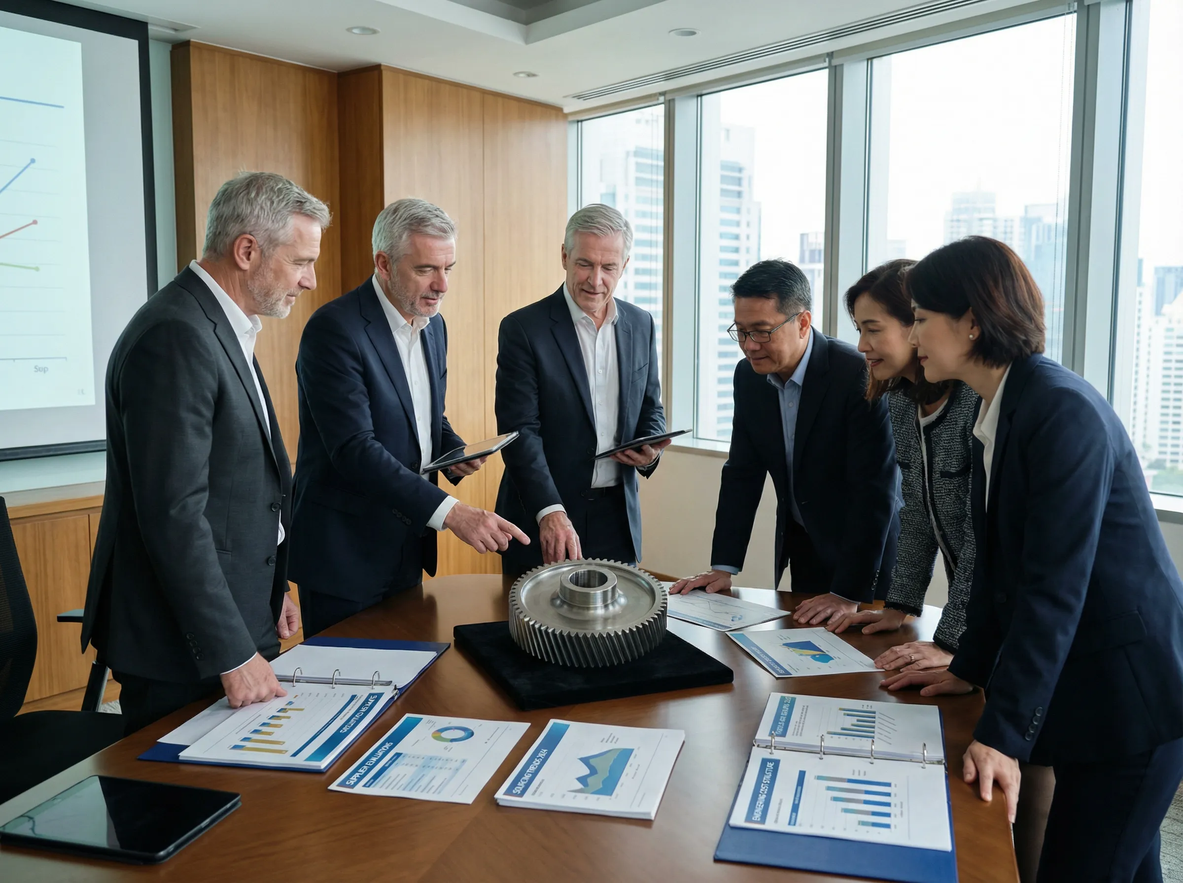 Procurement and engineering team reviewing industrial component analytics