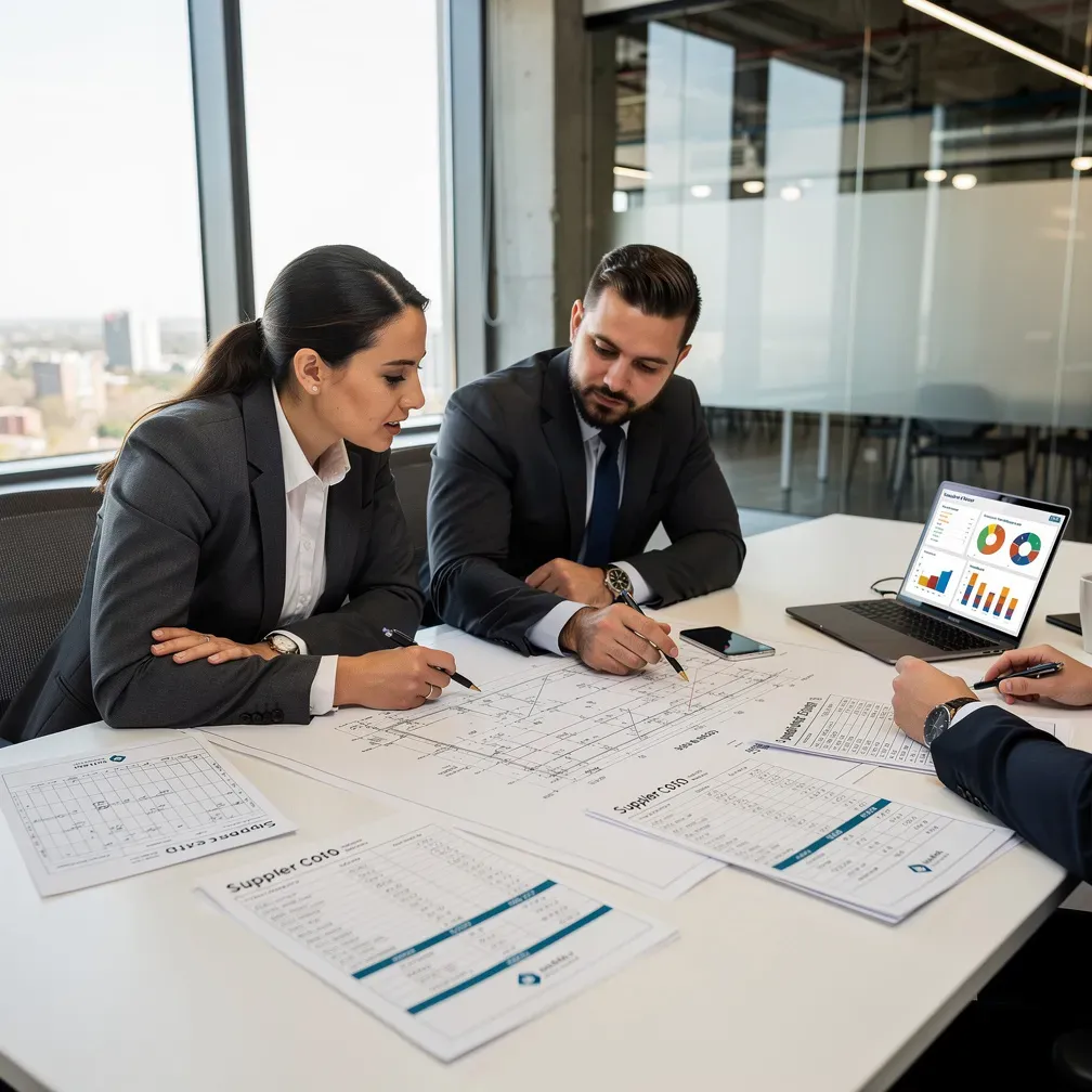 Two professionals reviewing supplier pricing data and BOM tables