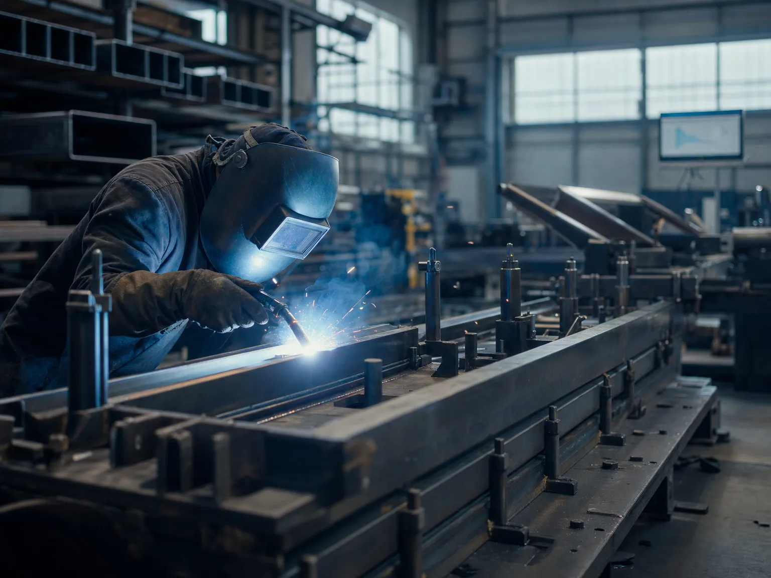Welder working on a large steel weldment clamped in a jig inside a fabrication shop