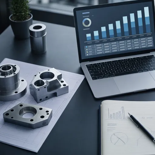 Machined parts beside a laptop showing a savings breakdown